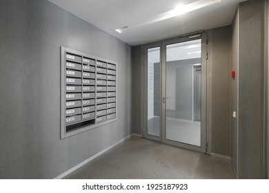 Moscow, Russia-25 02 2021: Mailboxes In The Lobby Of An Apartment Building