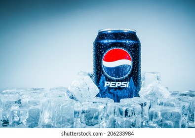 MOSCOW, RUSSIA-APRIL 4, 2014: Can of Pepsi cola on ice. Pepsi is a carbonated soft drink that is produced and manufactured by PepsiCo. Created and developed in 1893.