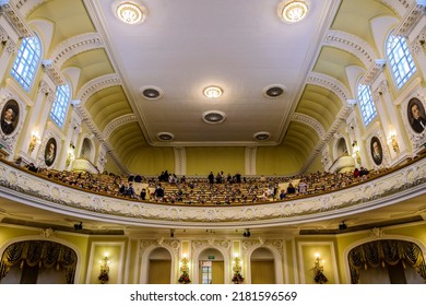 Moscow, Russia-December, 26, 2021: Tchaikovsky Moscow State Conservatory. The Interior Of The Great Hall And The Audience Before The Classical Music Concert.