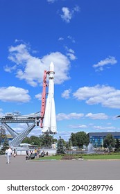MOSCOW, RUSSIA-JULY 23, 2021: VDNH, A model of the first Soviet Vostok rocket, on which Gagarin flew into space