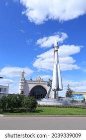 MOSCOW, RUSSIA-JULY 23, 2021: VDNKh, The Kosmos Pavilion and a model of the first Soviet Vostok rocket, on which Gagarin flew into space