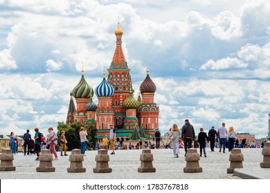 Moscow, Russia-July 25, 2020: St. Basil's Cathedral on Vasilievsky descent on red square on a Sunny day against a bright blue sky.