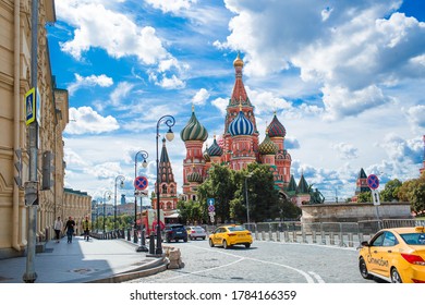 Moscow, Russia-July 25, 2020: St. Basil's Cathedral on Vasilievsky descent on red square on a Sunny day against a bright blue sky.
