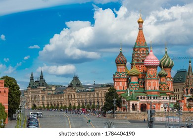 Moscow, Russia-July 25, 2020: St. Basil's Cathedral on Vasilievsky descent on red square on a Sunny day against a bright blue sky. Popular tourist attraction in Moscow.