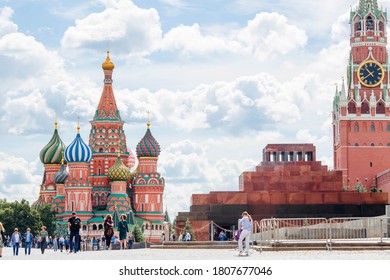 Moscow, Russia-July 25, 2020: St. Basil's Cathedral on Vasilievsky descent on red square on a Sunny day against a bright blue sky. Popular tourist attraction in Moscow.