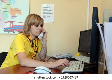 MOSCOW, RUSSIA-JULY 28, 2012: Dispatcher At The Intercity Passenger Bus Station In Moscow