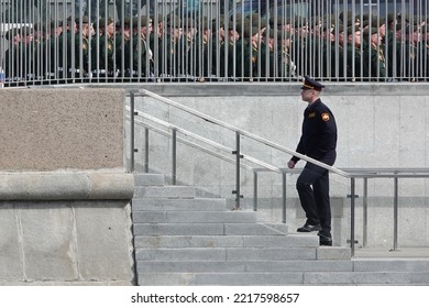 MOSCOW, RUSSIA-MAY 7, 2022:An Employee Of The Russian Guard On The Embankment Of The Moskva River