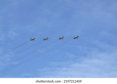 MOSCOW, RUSSIA-MAY 7, 2022:Upgraded Front-line Bombers With A Variable Sweep Wing Su-24MR Over Moscow's Red Square During The Dress Rehearsal Of The Victory Air Parade