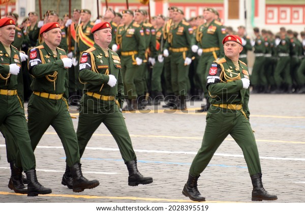 MOSCOW, RUSSIA-MAY 9, 2021:The commander of the\
parade squad of the military police, Lieutenant Colonel Vitaly\
Pikalov, during the parade on Moscow\'s Red Square in honor of\
Victory Day