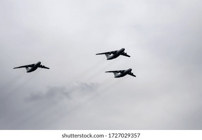 Moscow, Russian Federation, 05/09/2020. Combat aircraft fly in formation on May 9 Victory Parade.