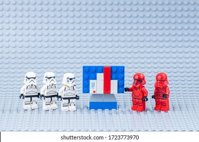 Moscow, Russian Federation - April 30, 2020: Lego Minifigures, Business Meeting Star Wars Stormtrooper Concept,