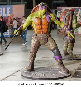 MOSCOW, RUSSIAN FEDERATION - JUNE 18: Cartoon "Teenage Mutant Ninja Turtles two" heroes as art objects. Moscow Comic Convention, 2016, Sokolniki Park, Moscow, Russia.