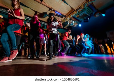 MOSCOW, RUSSIAN FEDERATION - OCTOBER 13, 2018: Cuban Dance Teachers Conduct A Master Class In Salsa And Reggaeton In The Night Club Tiki Bar.