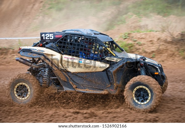 MOSCOW, RUSSIA-SEPTEMBER 14, 2019: Galeev\
100,class Side-by-Side TURBO, in the Stage 3 All-Russian amateur\
competitions for owners of all-terrain vehicles and ATVs RZR CAMP\
2019, MotoPark\
Velyaminovo