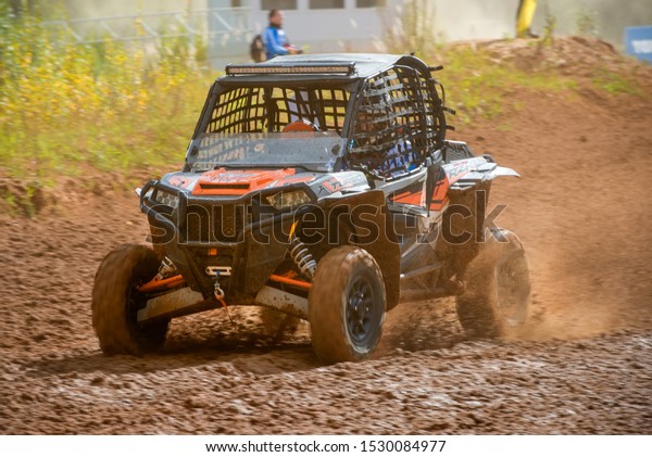 MOSCOW, RUSSIA-SEPTEMBER 14, 2019: Naishul\
106,class Side-by-Side TURBO, in the Stage 3 All-Russian amateur\
competitions for owners of all-terrain vehicles and ATVs RZR CAMP\
2019, MotoPark\
Velyaminovo