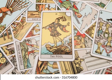 Moscow, Russia-September 7, 2015:Tarot Cards Tarot, The Fool Card In The Foreground.