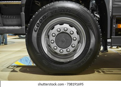 MOSCOW, SEP, 5, 2017: Close Up View On Volvo Truck Front Axle Wheels And Tires. Truck Wheel Rim. Truck Chassis Exhibit On Commercial Transport Exhibition ComTrans-2017. New Car Tires On Wheels