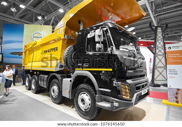 MOSCOW, SEP, 5, 2017: New\
Volvo 460  tipper truck on exhibition Mining World 2018. Volvo\
commercial trucks for different industries and applications. Big\
dump trucks
