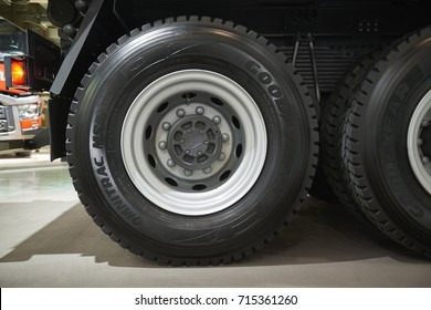 MOSCOW, SEP, 5, 2017: View On Volvo Truck Wheels And Tires. Truck Wheel Rim. Truck Chassis Exhibit On Commercial Transport Exhibition ComTrans-2017. Commercial Transport Car Truck Wheels Tires