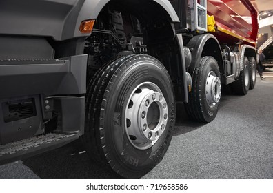 MOSCOW, SEP, 5, 2017: View On Volvo Truck Wheels And Tires. Truck Wheel Rim. Truck Chassis Exhibit On Commercial Transport Exhibition ComTrans-2017. Commercial Transport Car Truck Wheels Tires