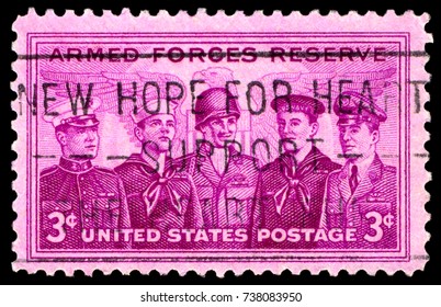 MOSCOW, September 2, 2017: UNITED STATES OF AMERICA - CIRCA 1955: A Stamp Printed In The USA Shows Marine, Coast Guard, Army, Navy And Air Force Personnel, Armed Forces Reserve, Circa 1955