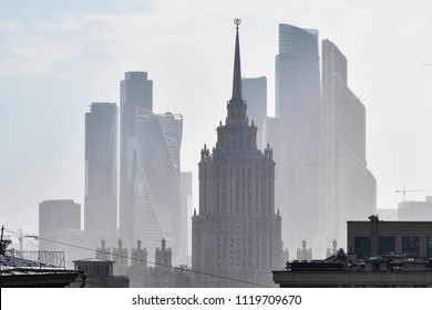 Moscow Skyline. Stalinist Skyscraper On The Background Of The Moscow City Business Centre Skyscrapers Shown After Summer Rain. Capital Of Russia