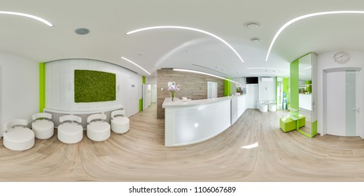 MOSCOW - SUMMER 2018, 3D Spherical Panorama With 360 Viewing Angle Of The Green Modern Dental Office. Ready For Virtual Reality. Full Equirectangular Projection.  Dental Clinic. Reception. Green Color