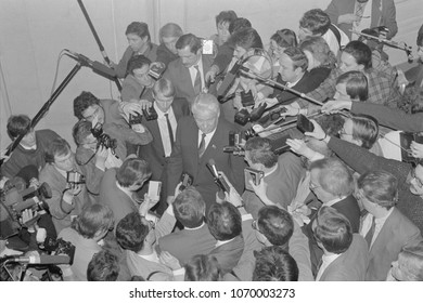 Moscow, USSR - March 28, 1991: Chairman Of The Presidium Of The Supreme Soviet Of The Russian SFSR Boris Nikolayevich Yeltsin In The Press Crowd In Kremlin.