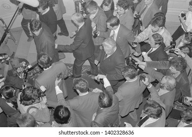 Moscow, USSR - March 28, 1991: Chairman Of The Presidium Of The Supreme Soviet Of The Russian SFSR Boris Nikolayevich Yeltsin Walks In The Press Crowd In Kremlin.