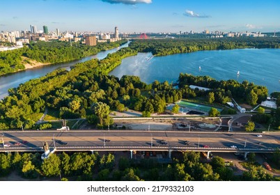 Moscow view, Russia. Aerial scenic view of Moskva River, bay and park in Schukino district. Scenery of Stroginsky Bridge road, nice landscape of Moscow northwest. Moscow skyline in summer. 