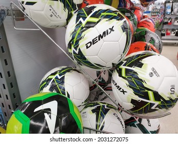 Moscow.18.08.21.The Sale Of Soccer Balls In A Sports Store. Assortment Of Soccer Balls.