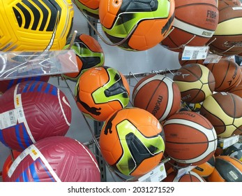 Moscow.19.08.21.The Sale Of Soccer Balls In A Sports Store. Assortment Of Soccer Balls.