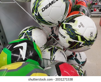 Moscow.19.08.21.The Sale Of Soccer Balls In A Sports Store. Assortment Of Soccer Balls.