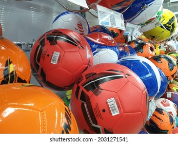 Moscow.19.08.21.The Sale Of Soccer Balls In A Sports Store. Assortment Of Soccer Balls.