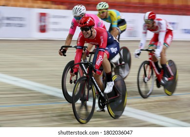 MOSCOW-2019, June: Cycling Track Race UCI Grand Prix Moscow On June 01-03, 2019 In Krylatskoe Velodrome, Moscow, Russia. Cyclists Of Belarus Team Keep In Touch During Madison Cycling Race Zoom Effect