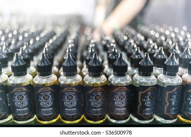 MOSCOW-9 DECEMBER,2016:Buy Vape Juice In Shop.Electronic Cigarette Filling Liquids Store.Tasty Flavored Eliquid For Smoking With Vaporizer