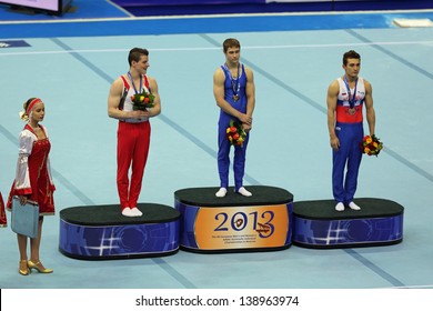 MOSCOW-APR 21: 2013 European Artistic Gymnastics Championships. Awarding Of Winners In Parallel Bars - Oleg Stepko, Lucas Fischer, David Belyavskiy In Olympic Stadium On APR 21, 2013 In Moscow, Russia