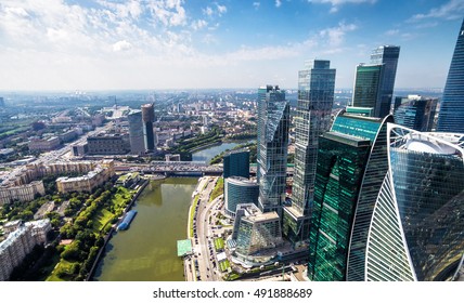 Moscow-City Aerial View At Moskva River, Russia. Moscow-City Is New Business District In Moscow Center. Nice Skyline Of Moscow, Panorama Of Megapolis With Modern Tall Buildings. Moscow - Aug 21, 2016