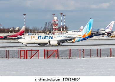 Moscow/Russia - 02 17 2019: Boeing 737 MAX 8 (Flydubai) at Vnukovo International Airport