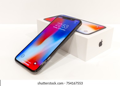 MOSCOW,RUSSIA 12 NOVEMBER, 2017: Iphone X smart phone. Latest Apple Iphone 10 mobile phone. Illustrative editorial. Newest Iphone with  touch screen, dual vertical camera