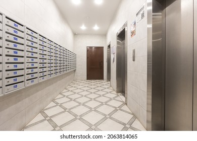 MoscowRussia - 26.10.2021: Mailboxes In The Lobby Of An Apartment Building