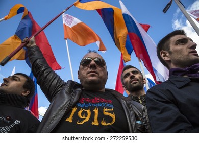 MOSCOW,RUSSIA - APR 24: People Holding A Armenian Flags In Moscow Gorky Park To Mark The 100th Anniversary Of The Armenian Genocide In The Ottoman Empire On 1915 Year In Moscow On 24 Of April 2015