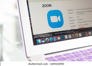 Moscow/Russia - April, 05, 2020: Laptop Showing Zoom Meetings App Logo.