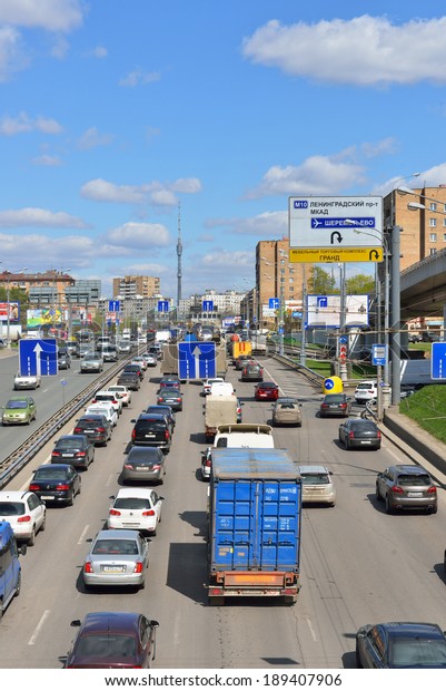MOSCOW,RUSSIA - APRIL 20,2014:There are over 2.6\
million cars in city. Recent years have seen growth in number of\
cars,which have caused traffic jams and lack of parking space to\
become major\
problems
