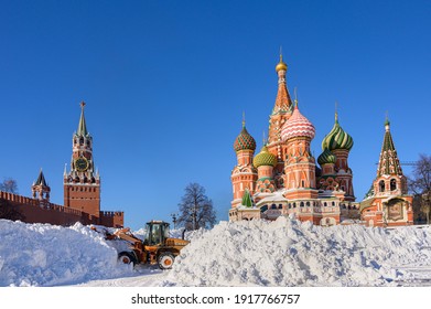 MOSCOW,RUSSIA - FEBRUARY 15,2021:Snow Removal In Front Of The Kremlin After A Snowfall