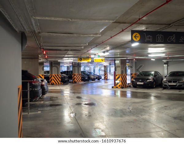 Moscow/Russia - january 2020: parking in\
airport, cars stand in row all places are busy\
