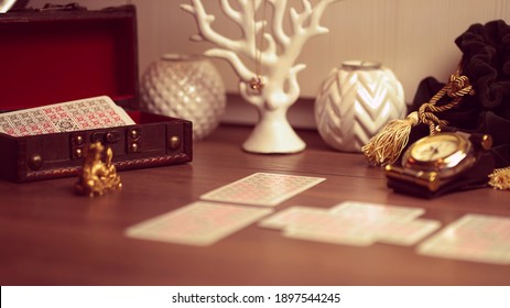  Moscow,Russia - January 2021: Blurred background of Tarot cards on table   
