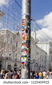 Moscow/Russia - July 1 2018: Lamp Post In The Center Of Moscow On Nikolskaya Street Covered With Football Fans Stickers