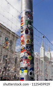 Moscow/Russia - July 1 2018: Lamp Post In The Center Of Moscow On Nikolskaya Street Covered With Football Fans Stickers