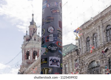 Moscow/Russia - July 1 2018: Lamp Post In The Center Of Moscow On Nikolskaya Street Covered With Football Fans Stickers